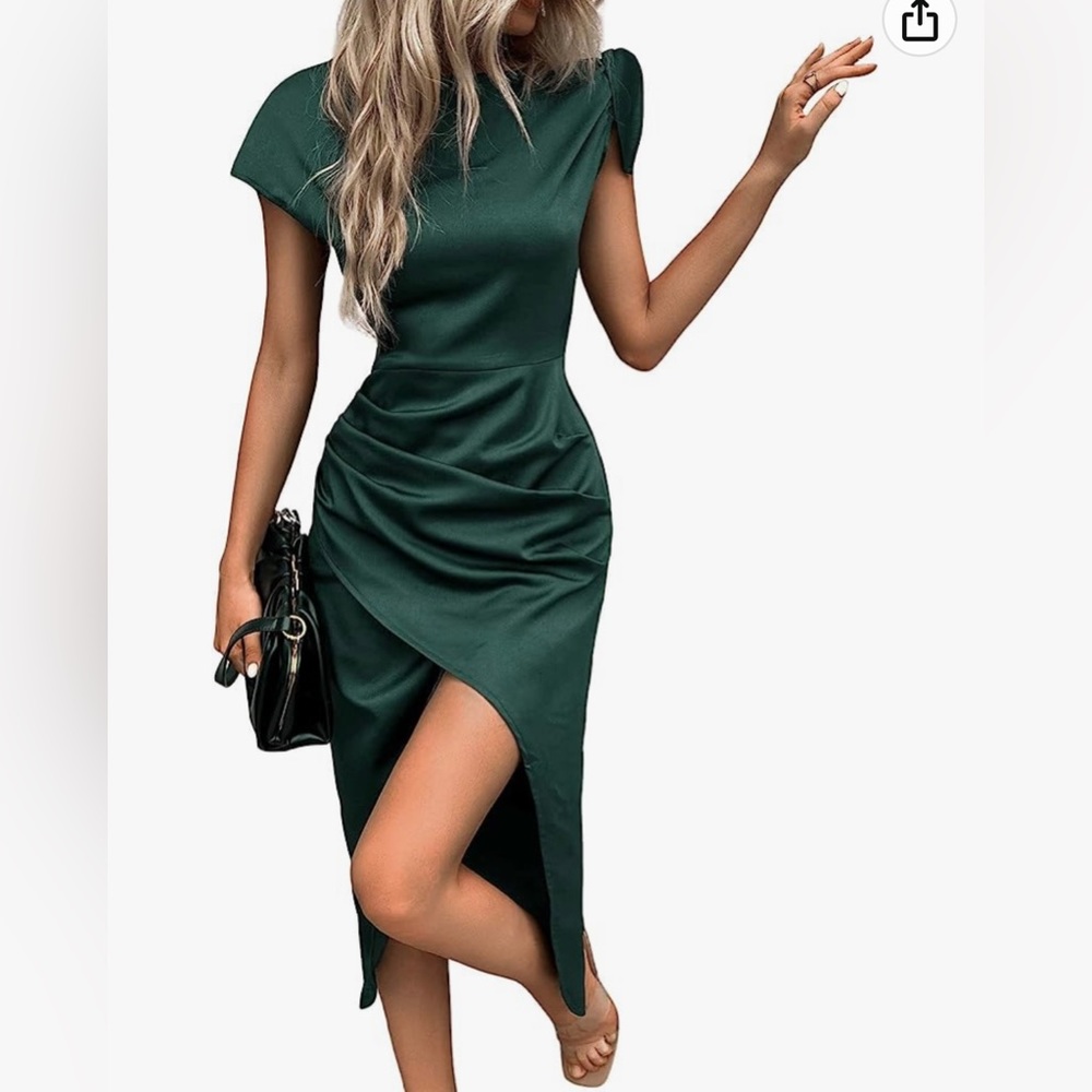 Verdusa Women's Tie Knot Asymmetrical Neck Satin Wrap Ruched Midi Bodycon Dress